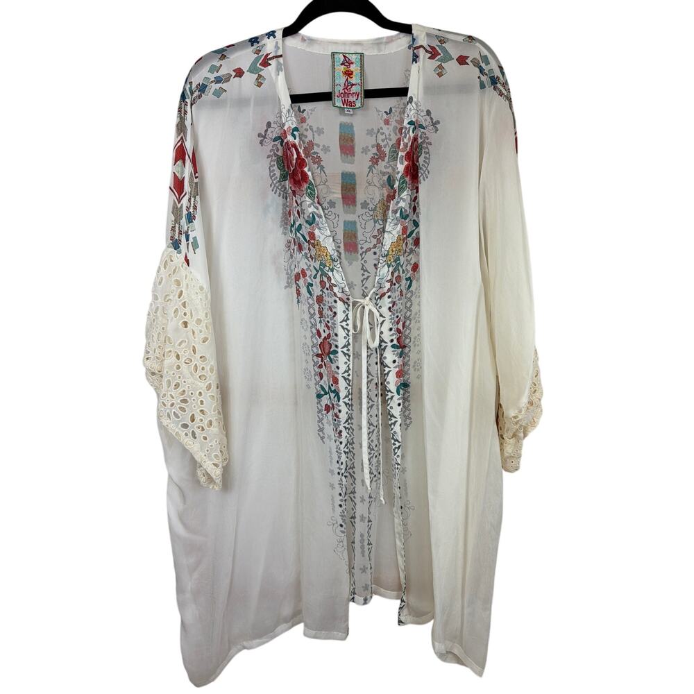 Johnny Was Floral Sheer Front Tie Mid Length Sleeve Top Size XL - Picture 1 of 6